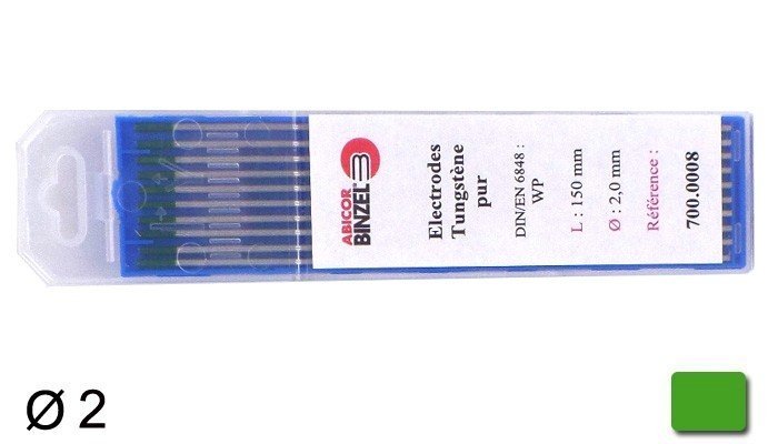  10 électrodes 150 mm, tungstène pur, Ø 2 mm - Vert