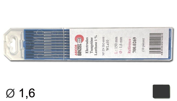  10 électrodes 150 mm, tungstène lanthane 1% , Ø 1.6 mm - Noir - Binzel -