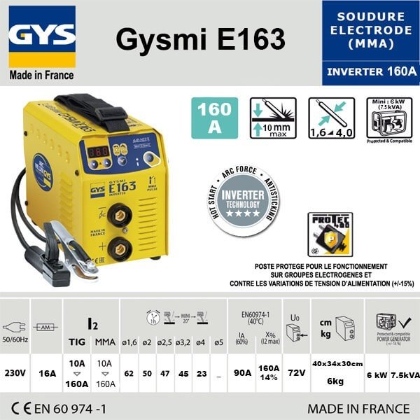 Poste à souder à l'arc GYSMI E163 + Masque LCD TECHNO 9/13 GYS