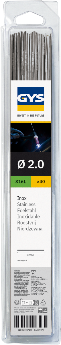Baguettes métal d'apport TIG - INOX 316L - Ø 2 -  (Blister de 40 pièces)