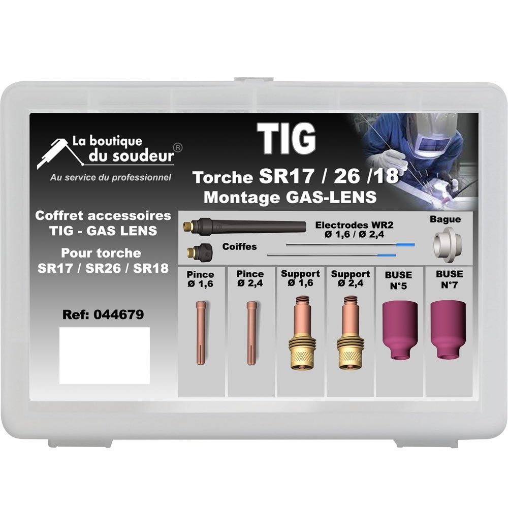 Coffret  TIG pour torche SR17 AC/DC, SR26 AC/DC, SR18 AC/DC - Montage GAS-LENS 